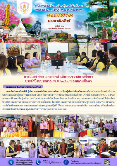 วันอังคารที่ ๒๕ มีนาคม พ.ศ.๒๕﻿๖๘ นายทัศน์พล เรืองศิริ ผู้อำนวยการสำนักงานส่งเสริมการเรียนรู้ประจำจังหวัดเลย พร้อมด้วยคณะนิเทศสำนักง﻿านส่งเสริมการเรียนรู้ประจำจังหวัดเลย นิเทศ ติดตามผลการดำเนินงานของสถานศึกษา ประจำปีงบประมาณ พ.ศ. ๒๕๖๘ ของสถานศึกษา เพื่อมุ่งเน้นการสร้างกลไกลการกำกับ นิเทศ ติดตาม ประเมินและรายงานผลการดำเนินงานให้เชื่อมโยงกับหน่วยงานสถานศึกษาและภาคีเครือข่ายทั้งระบบ ให้หน่วยงานสถานศึกษาที่เกี่ยวข้องทุกระดับ พัฒนาระบบกลไกลการกำกับ ติดตามและรายงานผลการนำนโยบายสู่การปฏิบัติ ให้สามารถตอบสนองการดำเนินงานตามนโยบายในแต่ละเรื่องได้อย่างมีประสิทธิภาพ ณ ศูนย์ส่งเสริมการเรียนรู้ระดับอำเภอเมืองเลย